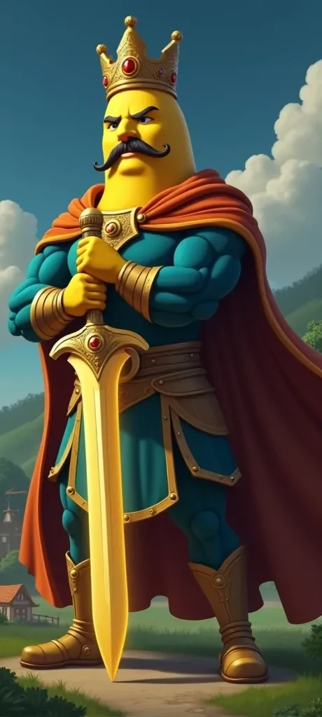 The banana king standing tall with a glowing golden sword, wearing a royal cape, ready to defend the village."