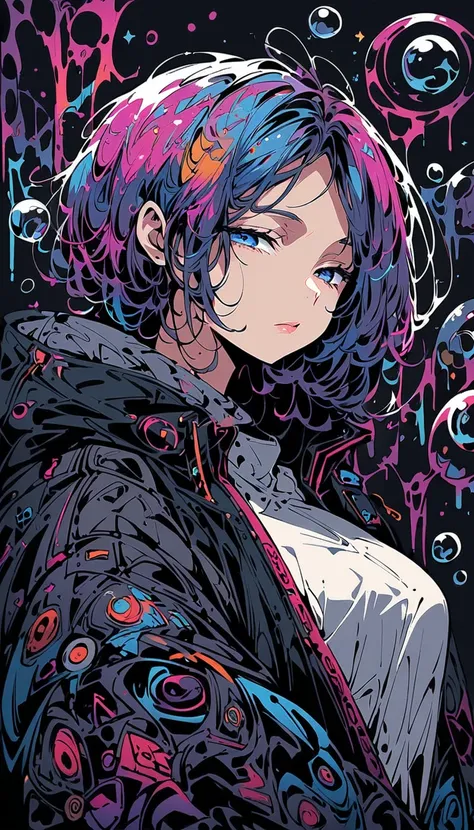 1girl, Alone, Chest, Viewer,  blue eyes ,  Simple Background ,  black background , large breasts, Lazy, Half-closed eyes, Dye your hair, Bubbles,  functional style jacket,  upper body, Open clothes, abdomen, From the side, open jacket, Lips, oversized jack...