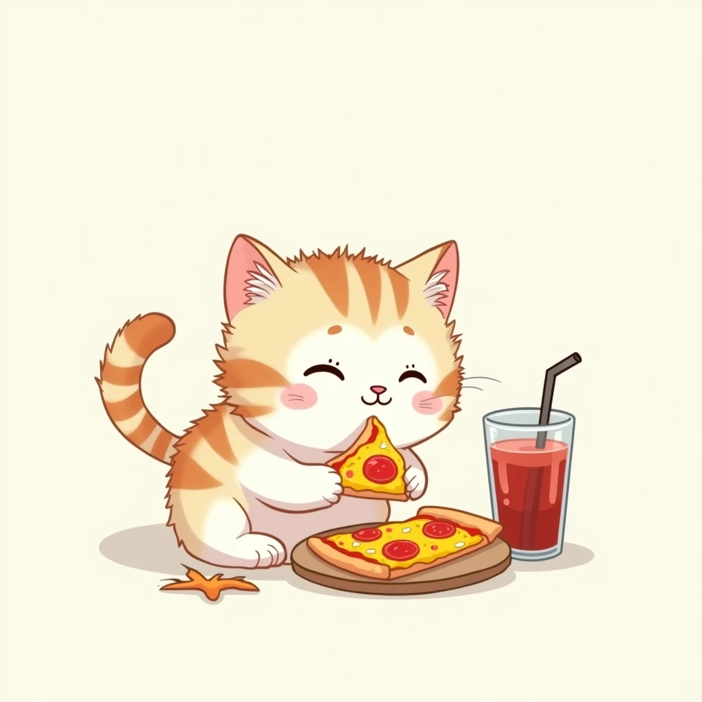 ( masterpiece : 1.2, very high quality,  Ultra-high resolution ,  super detailed), 8k, ( wallpaper), ( Best illustrations : 2.0), A cute kitten eating pizza with Chibi soda: 2.0),Very simple design ), ( isometric illustration ) lofi, cozy,  studio Ghibli s...