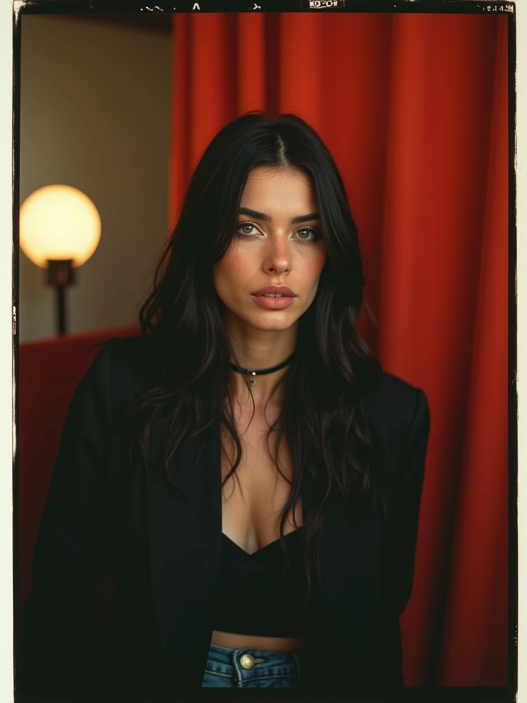  creates the image of a 27-year-old Brazilian woman with dark and long hair.  she is thin and has 1 ,63 tall.  shes sitting in a vintage photobooth, Like the ones on the streets of Paris .  her hair is not split in half .  She is looking at the camera .  t...