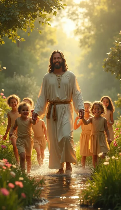  Jesus Christ and many happy ren, playing in the garden of paradise ,  hyper realistic photo , 8K