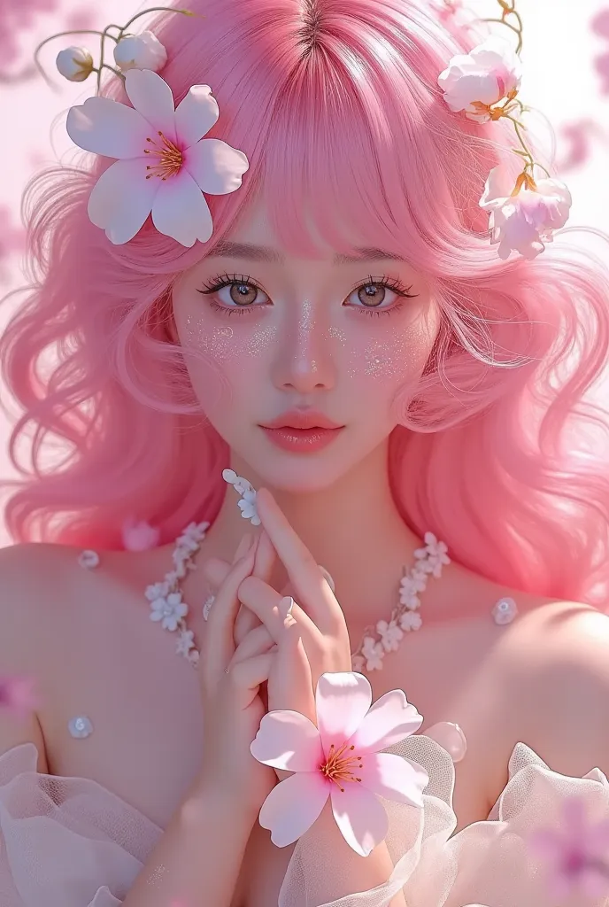 there is a woman dressed in pink,the hair is pink too, 🌺 cg society, adorable realistic portrait , artwork in the style of gu we...