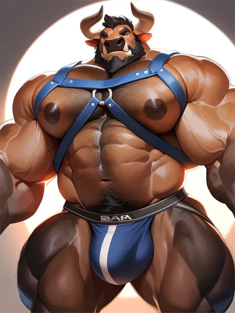 solo, bara bull, black fur, very large pecs, strong physique, bulge, jockstrap, harness, showing her pec, very muscular, perfect anatomy, masterpiece, black beard, strong jaw, giant biceps, hairy pectorals, solo, great lighting, semi realistic, semirealist...