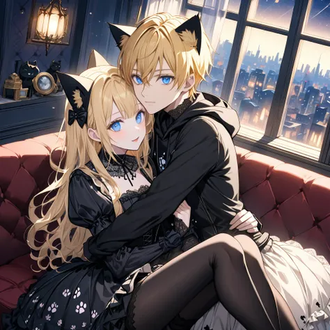 Create a scene of two anime-inspired characters cuddling. (The first is a cheerful blonde-haired Man with cat ears, blue eyes, and a black hoodie with a paw-print design.) (The second is a gothic Woman with black cat ears, long black hair, Brown eyes, and ...