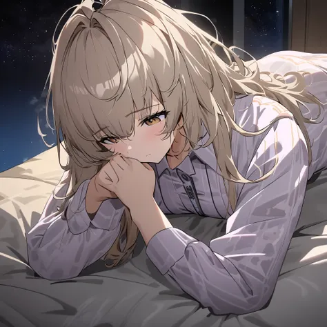 goddess of victory nikke , Full body , messy hair , Light brown hair , Cool Dere , Product 23 , pajamas , nighttime , bed , Pat the head.