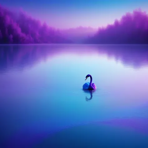  Blue and purple gradation lake ，Depiction of a swan in the center of the screen,Texture, Rich changes in color , 8k