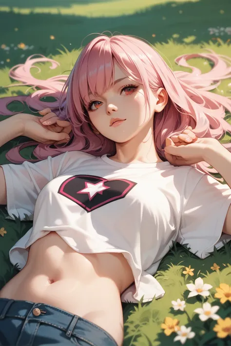  a girl with straight long pink hair with red eyes and a black star in her eyes,lying on the grass wearing a long shirt in front of the field