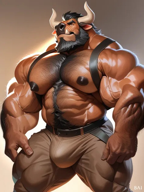 solo, bara bull, black fur, very large pecs, strong physique, bulge, pants, straps, showing her pec, very muscular, perfect anatomy, masterpiece, black beard, strong jaw, giant biceps, hairy pectorals, solo, great lighting, semi realistic, semirealistic