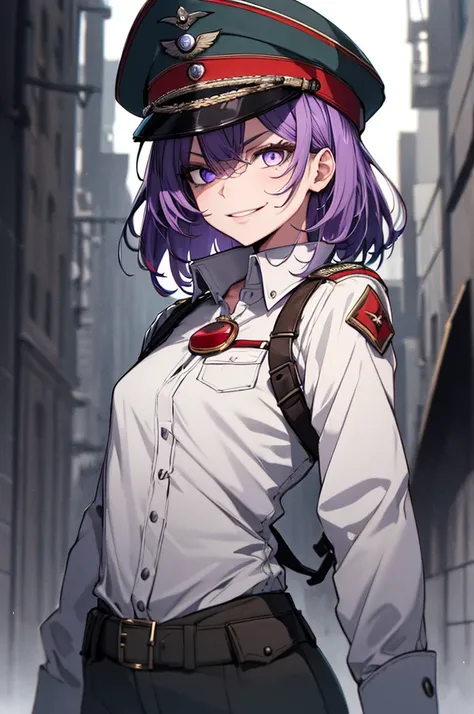 (masterpiece,  Top Quality: 1.1), 1 woman Alone,  1 woman, Alone, small,  flat chest , ,  curvy , military affairs, military affairs uniform, , Normal hat ,  wicked smile,   Wicked Look , fury, Purple eyes, Neutral lighting,  purple hair  , Medium Length H...