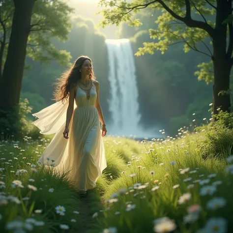 Action: Devi Savitri walking alongside him with a gentle smile.
Background: A meadow near a waterfall, surrounded by trees.
Camera Movement: Close-up of Savitri, then zooming out slowly.