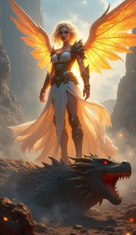 Captain Artemis standing triumphantly on the remains of a defeated Rathalos, her armor glowing with an ethereal energy