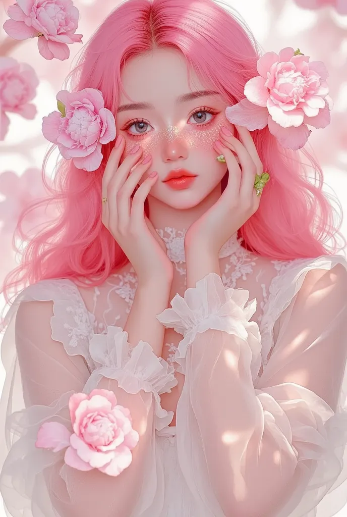 there is a woman dressed in pink,the hair is pink too, 🌺 cg society, adorable realistic portrait , artwork in the style of gu we...