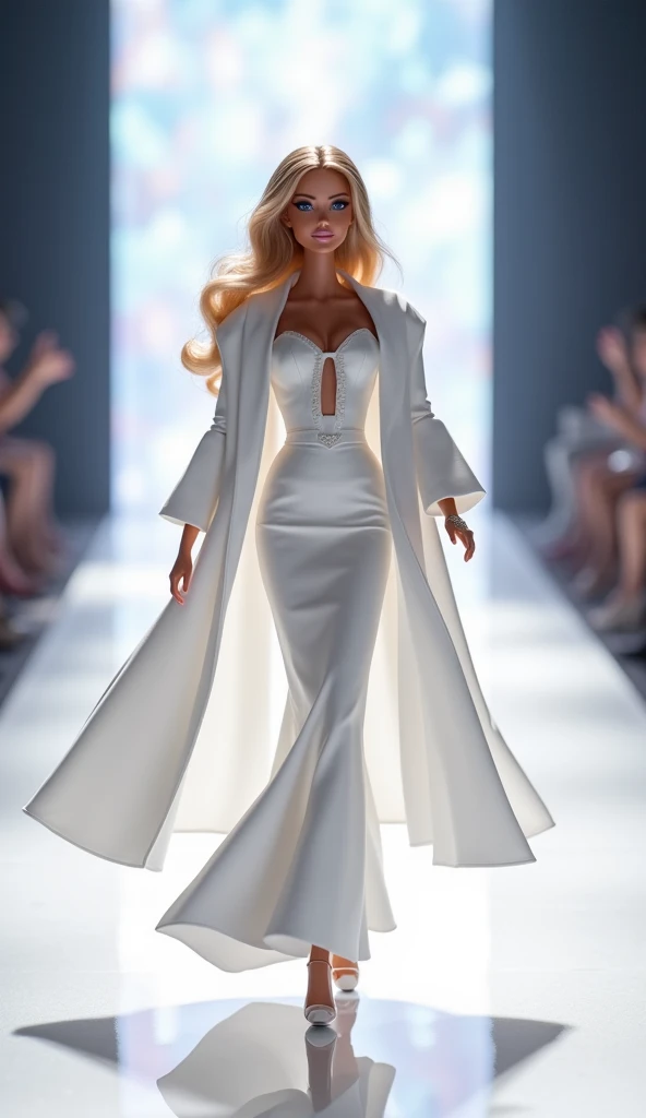 Barbie in a white suit and high heels walking down a dazzling fashion runway, in a flowing white tailcoat, dressed in long white, wearing a flowing white dress, flowing white tunics, long flowing white tunic, royal white dress, in a long white dress, in a ...