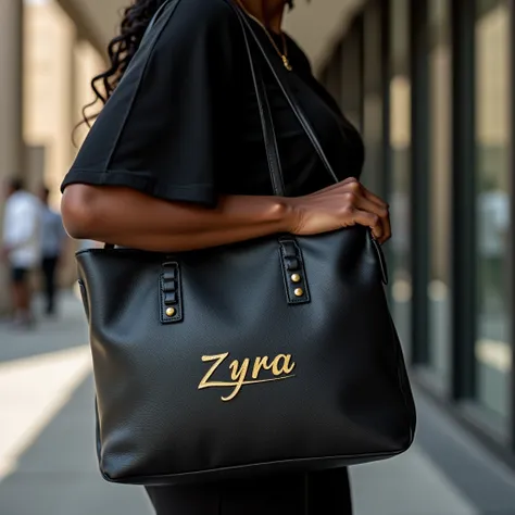 A dark-skinned Rwandan woman holding a stylish black leather tote bag. The bag features the word Zyra embroidered in elegant gold-yellow thread on the front, adding a touch of luxury and sophistication. The woman is dressed fashionably, standing confidentl...