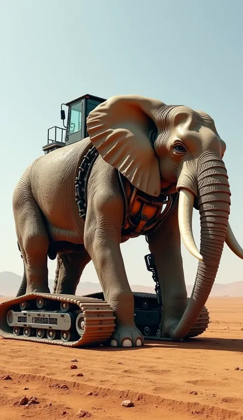 This image features a hybrid creation combining the natural majesty of an elephant with the industrial design of an excavator. The vehicle has the body of an elephant, complete with textured skin and sweeping tusks, seamlessly integrated with mechanical el...