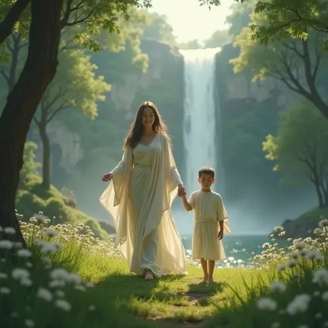 Action: Devi Savitri walking alongside him with a gentle smile.
Background: A meadow near a waterfall, surrounded by trees. Indian spritual 
Camera Movement: Close-up of Savitri, then zooming out slowly.