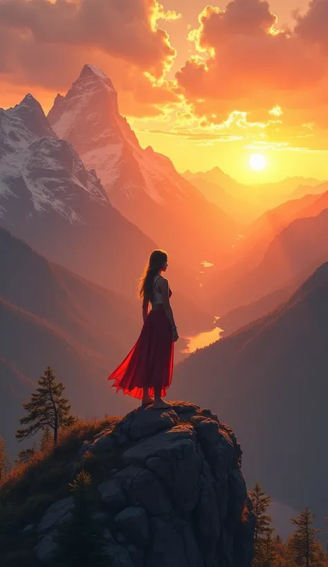 A sunrise on a mountain, with a female figure standing on the top, looking towards an endless landscape bathed in the golden light of the sun.Realistic style