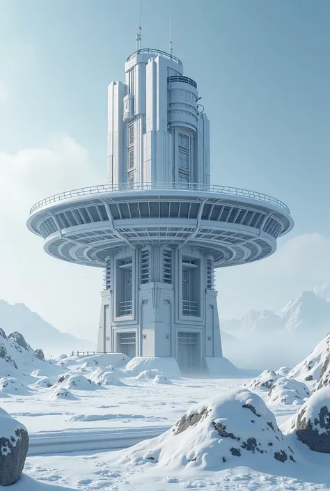 Science Facility with snow generators and moveable tiles. In the center is a control platform on stilts surrounded by a force field. No protuding towers form the top. The landscape is artifical and on the inside of a huge building rather than open air.