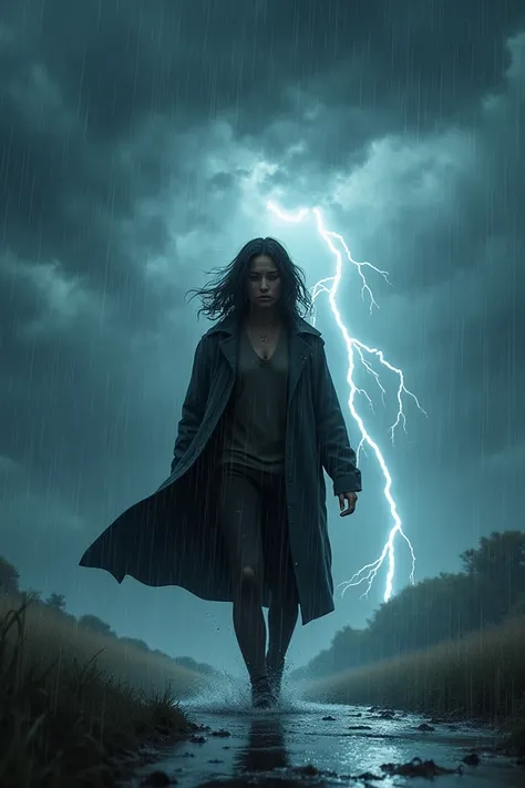 A person walking under a heavy thunderstorm with a worried expression. Lightning and heavy rain are falling all around.