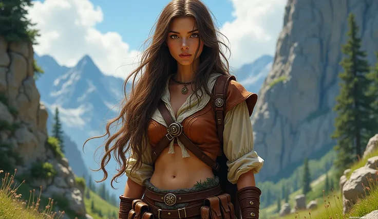 Create a highly detailed image of a female adventurer in a classic Dungeons & Dragons style. She has long, flowing brown hair that cascades down her back, framing her determined face. Her warm brown eyes reflect a spirit of courage and curiosity, while her...