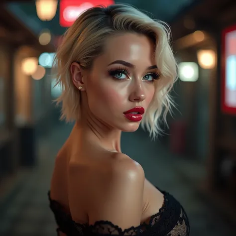 ((Make your subject look three-dimensional with the contrast of light and shadow)), Realistic (photorealistic Realism 16K Quality), ultra realistic details: velvety skin, blonde short slicked to the side hair, symmetrical lips, light glossy red_lipstick, l...