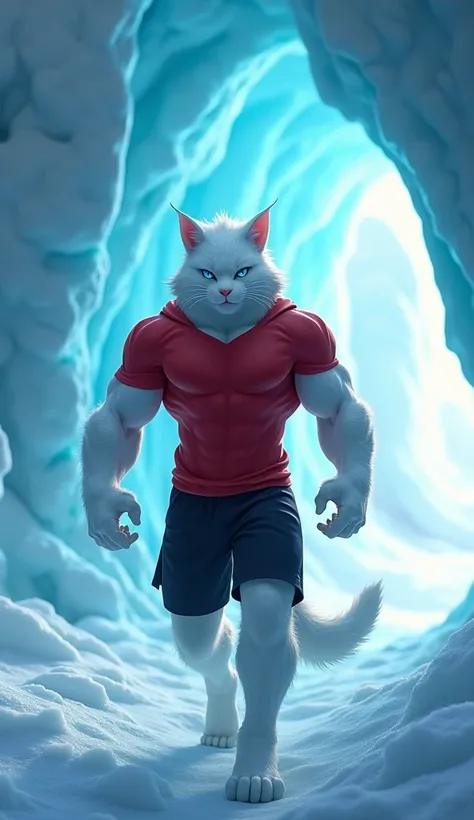 A white muscular humanoid cat with short white fur, sharp but friendly blue eyes, and a confident expression. He has feline ears, a strong jawline, and an athletic physique. He is wearing a tight red t-shirt that highlights his muscular build and black sho...