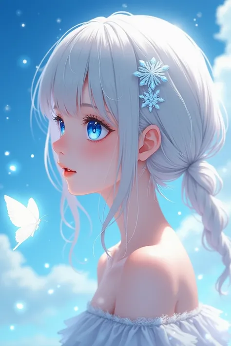  A beautiful anime girl with white hair and blue eyes  , her hair is clamped in a small white hairpin in the shape of a snow flower , she wears on her gorgeous blue dress  ((anime, blue light beads  , glowing white butterfly  ,  BLUE SKY ))