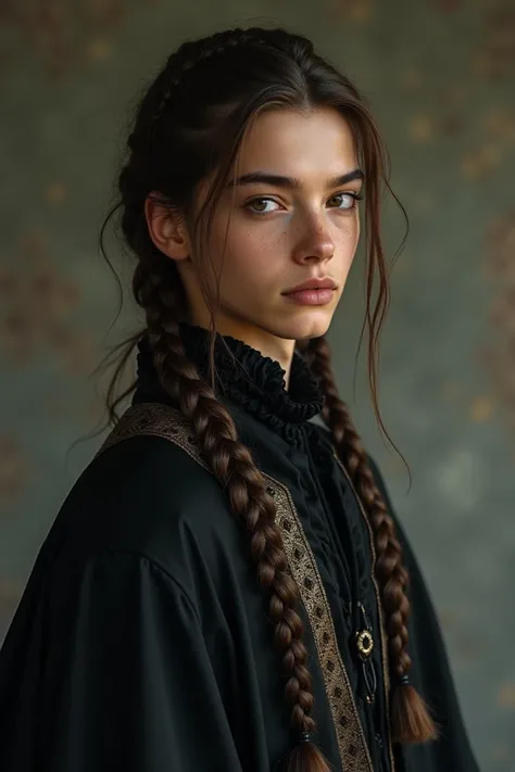 "Create a young, gothic-looking man with very long braided hair. His clothing is gothic yet elegant, resembling a black and white tunic. "Skin tone is a light caramel or golden brown, not too dark, with a soft and warm undertone. A medium-light skin tone r...