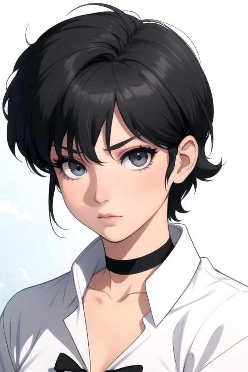 Ranma-chan. very short hair. choker. Grey eyes. black hair. All white tight shirt. a photo of a face in the vicinity. 
