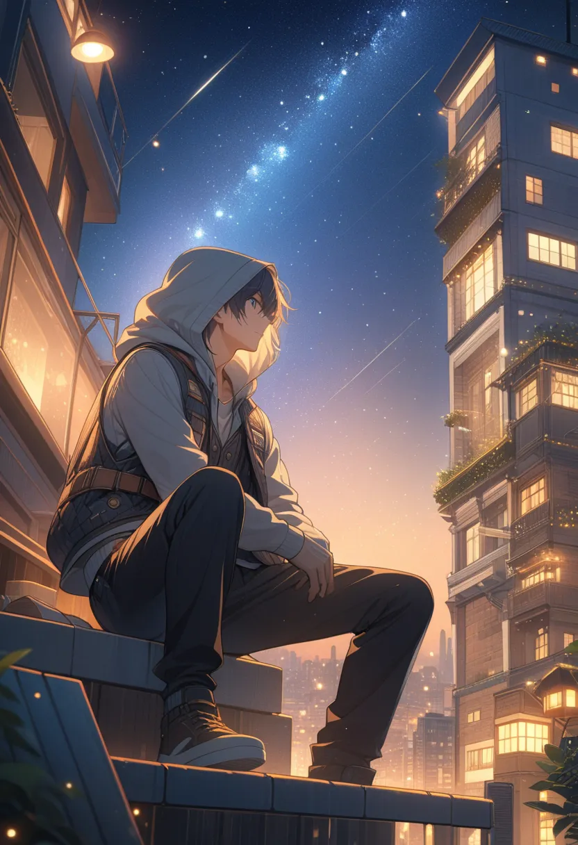 anime, hooded guy, vest, sitting on a building ,  looking at the Stars, Night, stars, Bright Lights,  best quality,  Complex Details ,  lots of details,  best quality, masterpiece,