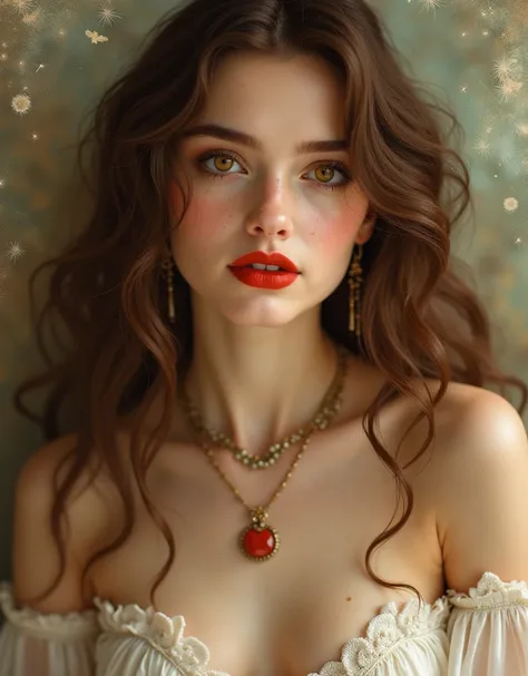 honey eyes, red mouth, beautiful woman retro vintage watercolor, art nouveau, brown hair, jewelry, fair skin, gorgeous half-length body, extreme quality, an artistic painting of subtle beauty. 8k, soft and delicate lighting, classic oil painting medium, vi...