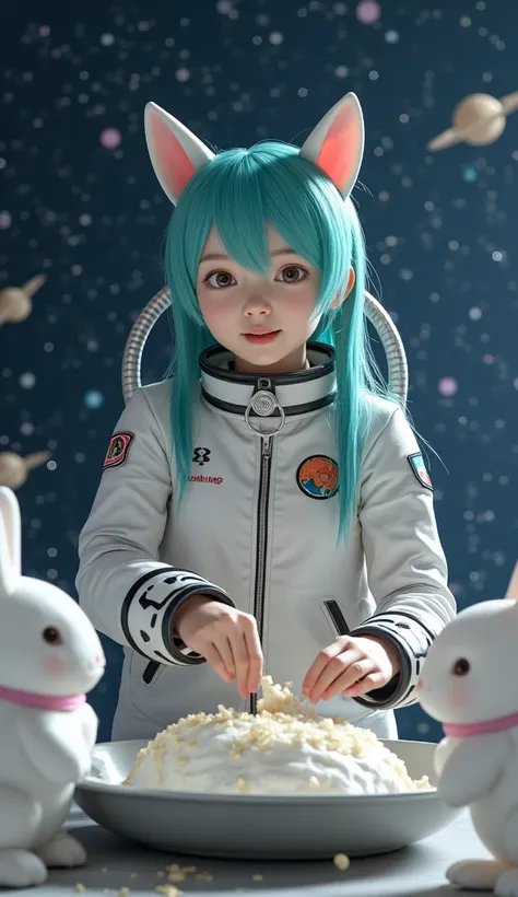  Hatsune Miku around 18 years old 、 Hatsune Miku in a spacesuit is making rice cakes with rabbits in spacesuits on the moon in outer space、 wearing a spacesuit the same color as Mikus hair 、A lot of aliens gather 、 Stars, planets, and comets create a fanta...