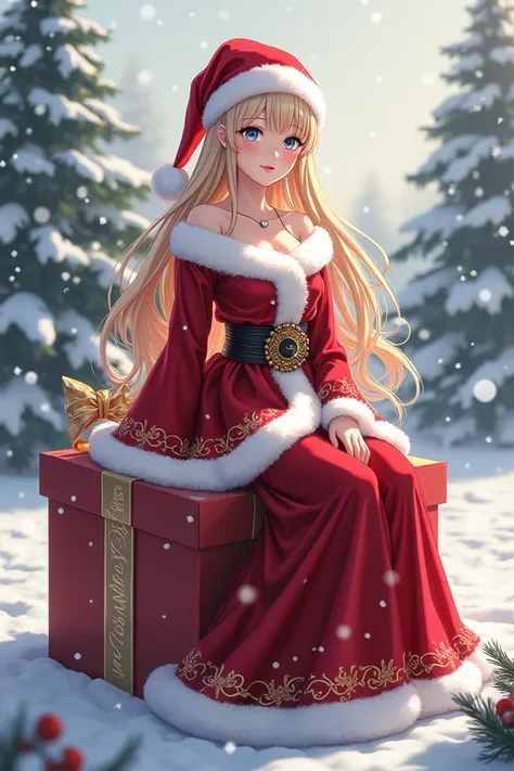 A captivating holiday photograph featuring a woman exquisitely dressed as Santa Claus, sitting gracefully atop a lavishly wrapped gift box. The pristine snow-covered trees and winter wonderland backdrop create an enchanting scene, while her cascading hair ...