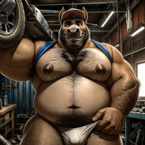 Big chubby, furry, fat, facial hair, lots of body hair, fat and saggy chest with a big moobs, anthropomorphic horse old daddy, wearing a hat and and a thin underwear, working as a mechanic in an old workshop. Looking at viewer. Make sure the resulting imag...