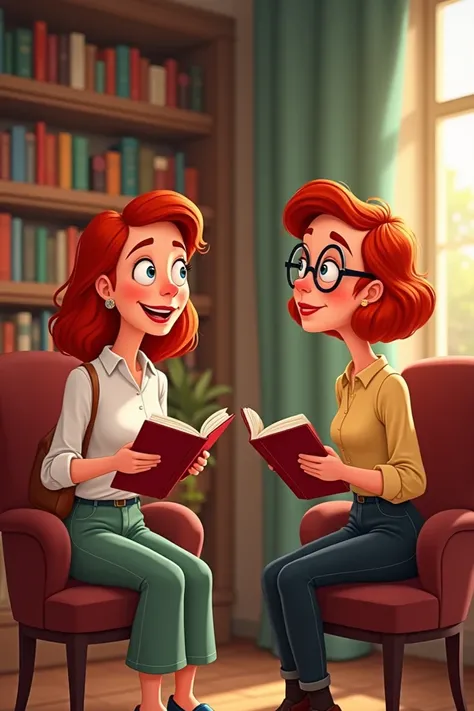 two mature women, a redhead woman with red lips and shoulder-length haircut no bangs, no glasses, loose clothing, another redhead woman with short wavy hair, glasses, Disney style, sitting in a library room with a book in her hand each, cartoon, humor, com...