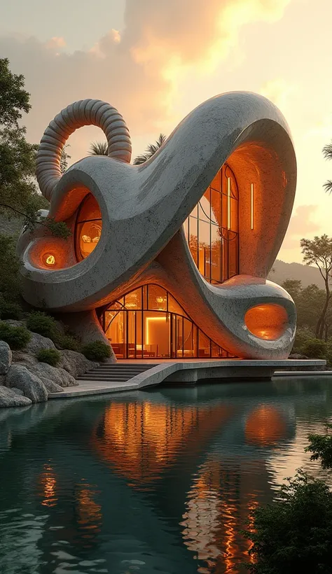 "A futuristic mansion with architecture inspired by an ornate Markhor design, featuring intricate metallic patterns resembling the elegant spiral horns of a Markhor, glowing orange lights illuminating the structure, surrounded by lush greenery and a reflec...