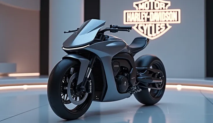 Generate a high-resolution, fully realistic image of a (  2025 Harley-Davidson VR2) in ( Color ) , with a sleek and modern exterior, futuristic wheels, and a shimmering body color, displayed in a luxurious showroom with a large logo on the back wall. The i...