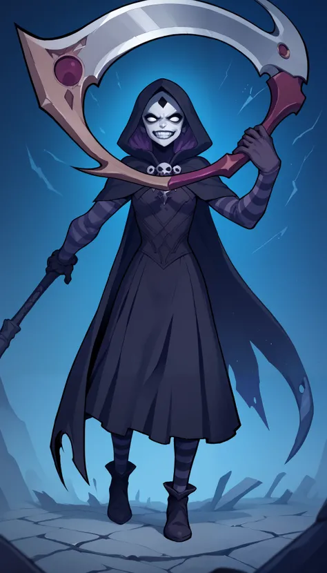 (zPDXL2), (PonyXLV6_Scores), source_anime, Expressiveh, full body shot, asymmetric image, BREAK
lhata4564, enigmatic jester, cracked white mask, hollow eyes, shadowy cloak, ethereal scythe, spectral form, unsettling grin, faint glow, dynamic pose, gothic f...