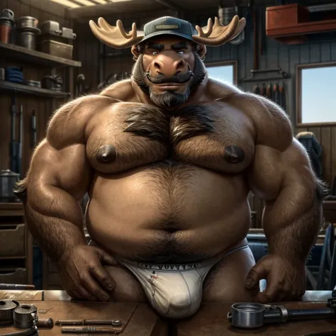 Big chubby, furry, fat, facial hair, lots of body hair, fat and saggy chest with a big moobs, anthropomorphic moose old daddy, wearing a hat and and a thin underwear, working as a mechanic in an old workshop. Looking at viewer. Make sure the resulting imag...