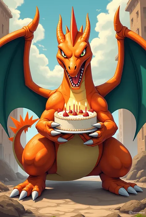 Charizad of the old Pokémon clutching a birthday cake 