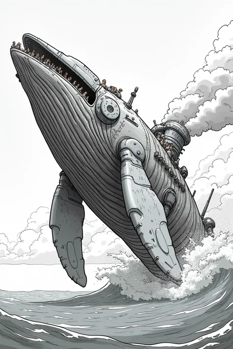 A Giant whale that breaks through the sea, at a 90 degree angle to the horizon line. The Whale looks like a big medival machine, and you can see inside of him little people that work and operate the machine, the whale is built from different sections that ...