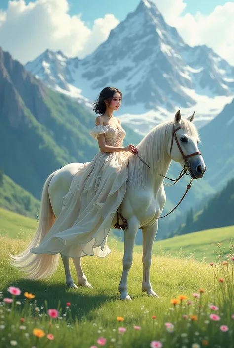 30-year-old girl with short dark hair, in a dress, on a white horse , grass field, wild flowers, snowy mountains..