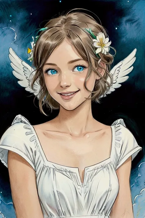 top quality, pastel painting, gentle atmosphere, twin girl angel, cute, white wings, smiling happily, brown short hair of different colors, one with blue eyes, one with green eyes, dresses of different colors, flower hair ornament, upper body, looking at t...