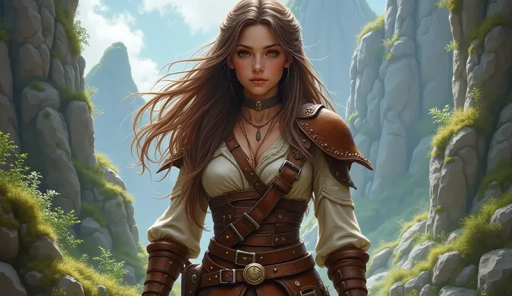 Create a highly detailed image of a female adventurer in a classic Dungeons & Dragons style. She has long, flowing brown hair that cascades down her back, framing her determined face. Her warm brown eyes reflect a spirit of courage and curiosity, while her...