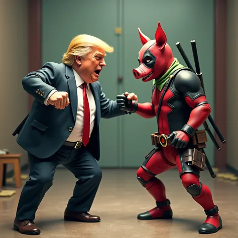 Donald trump Deadpool a fight vs a pig with a green towel around his neck