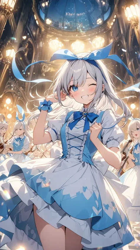 ( cute) Alice in Wonderland、 best quality 、heart、smile、beautiful、 Silver Hair、 winks( close one eye)、Ribbon on head( blue ribbon、Stand tall)、 Light Shines In 、beautifulな指、 Alice in Wonderland、orchestra、Performance