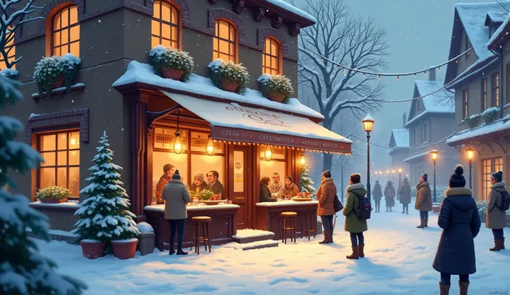 Illustration of Beautiful winter dream atmosphere cozy city environment, coffee shop snowing heavily --ar 16:9