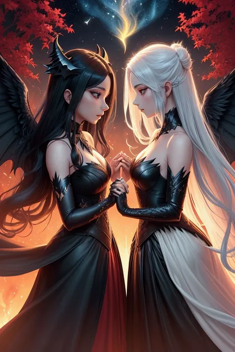 An anime-style book cover for a fantasy tale titled The Angel and Demon: A Tale of Friendship. The artwork features two female characters, one as an angel with long, radiant white hair, a glowing halo, and majestic feathery wings, wearing a flowing dress w...