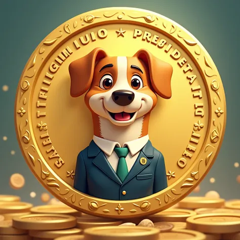  Caramel dog president of Brazil ,  is at the center of a gold coin , Animated cartoon image ,  aggregated in a lot of value because the meme is well known among Brazilians 