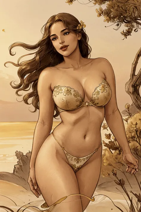 A mesmerizing depiction of Venus, the Greek goddess of love, in a pose that accentuates her divine beauty and alluring presence. Her full, luscious lips curve into a soft, inviting smile, radiating warmth and sensuality. Her body is gracefully sculpted, wi...